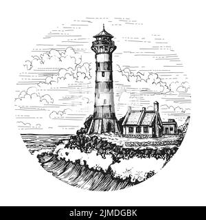 Faro sulla riva del mare. Disegno a mano del mare e delle onde. Illustrazione vettoriale in stile incisione vintage Illustrazione Vettoriale