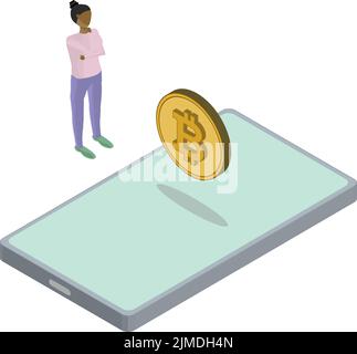 Vista isometrica di Phone Bitcoin Floating Woman Thinking Illustrazione Vettoriale