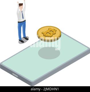 Vista isometrica di Phone Bitcoin fluttuante Back Man mani in aria Illustrazione Vettoriale
