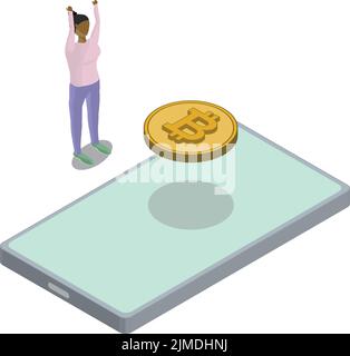 Vista isometrica di Phone Bitcoin Floating Back Woman Hands in Air Illustrazione Vettoriale