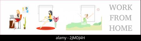 una diversa routine quotidiana delle donne con un concetto di lavoro da casa Illustrazione Vettoriale