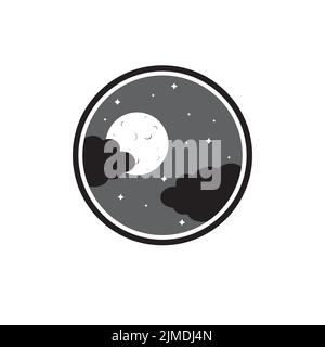 Un'icona del cielo notturno con nuvole di luna e stelle in cerchio isolato su sfondo bianco Illustrazione Vettoriale