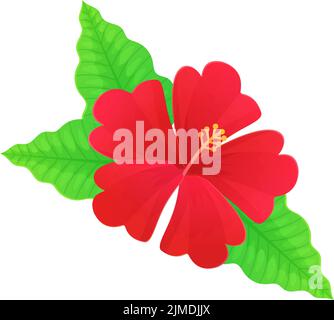 Fiore rosso vibrante di ibisco. Hawaii fiore tropicale. Illustrazione vettoriale di scorta isolata su bianco in stile cartoon piatto. Illustrazione Vettoriale