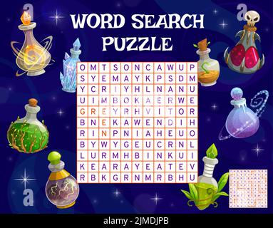 Pozione magica bottiglie di Halloween. Ricerca parola puzzle gioco foglio di lavoro. Griglia del quiz, test logico per bambini e enigmi del vocabolario, attività di riproduzione di testi vettoriali con matracci fantasy e bottiglie con pozioni Illustrazione Vettoriale