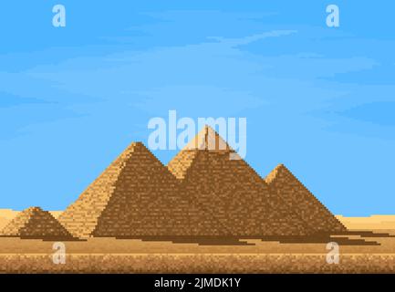 Piramidi di pixel a 8 bit nel deserto egiziano, pixel art livello di gioco paesaggio. Sfondo vettoriale del videogioco retrò con deserto di sabbia egiziano, antiche piramidi di faraone e cielo blu, gioco arcade natura posizione Illustrazione Vettoriale