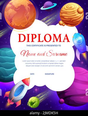 Diploma di Cartoon Kids con razzi spaziali che volano tra pianeti in galassia, certificato vettoriale. Diploma di scuola o di apprezzamento dell'asilo con la navicella spaziale in e la navicella spaziale in universo Illustrazione Vettoriale