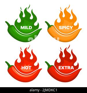 Livello speziato di peperoncino piccante con fiamme. Etichette vettoriali di peperoncino, spezie o salsa, scala di calore o taratura con cayenne rossa, jalapeno verde e habanero giallo. Etichetta con menu messicano Illustrazione Vettoriale