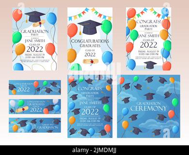Carte di invito per feste di laurea e set di banner 2022 carte divertenti. Cielo con palloncini. Illustrazione Vettoriale