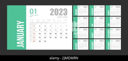 Hijri calendario islamico e gregoriano 2023. Da 1444 a 1445 modello di celebrazione vettoriale. Settimana a partire da domenica. Pronto per la stampa. Scrivania piccola e piatta Illustrazione Vettoriale