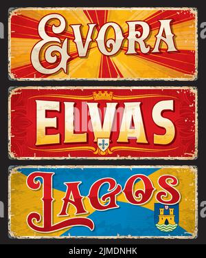 Lagos, Evora, Elvas, adesivi da viaggio in città portoghese e etichette per bagagli, etichette per borse vettoriali. Portogallo vacanze e viaggio retrò Tin segni o targhe di viaggio con monumenti e emblemi Illustrazione Vettoriale