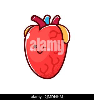 Carino cartone animato sorridente sano cuore personaggio felice emoji emozione. Vettore divertente organo circolatorio, emblema cardiologico. Carino cuore kawaii Illustrazione Vettoriale