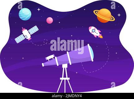 Astronomia Cartoon Illustrazione con telescopio per guardare Starry Sky, Galaxy e pianeti nello spazio esterno in stile piatto disegnato a mano Illustrazione Vettoriale