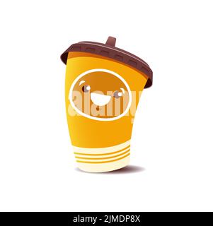 Personaggio della tazza di caffè Cartoon, personaggio vettoriale fast food mug kawaii. Contenitore di carta monouso con coperchio in plastica. Confezione da asporto marrone isolata per bevande e bevande fredde o calde Illustrazione Vettoriale