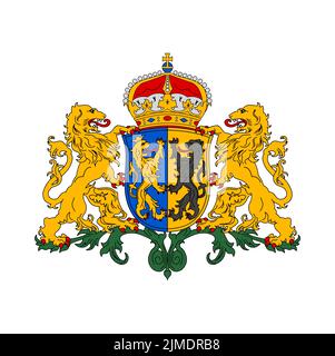 Stemma olandese, araldica della provincia di Gelderland, emblema araldico vettoriale e simbolo olandese. Provincia dei Paesi Bassi Gelderland stemma ufficiale con leoni e corona monarca su scudo blazone Illustrazione Vettoriale