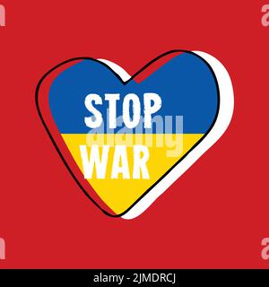 Un vettore della bandiera Ucraina con l'iscrizione 'STOP WAR' a forma di cuore su sfondo rosso Illustrazione Vettoriale