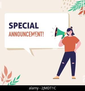 Donna che tiene il megafono. Bolle vocali con annuncio importante. Altoparlante. Banner vettoriale per il business, il marketing e la pubblicità Illustrazione Vettoriale