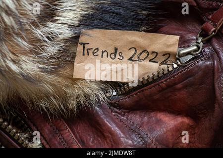 cappotto di pelle di pecora marrone delle donne di inverno come sfondo, cappotto di inverno naturale e testo su un pezzo di carta tendenze 2022, moda Foto Stock