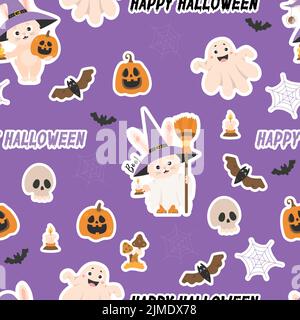 Halloween con motivo senza giunture. Adesivi simpatico coniglio in cappello di strega con scopa, Pumpkin Jack e fantasma su sfondo viola con pipistrelli, teschi e cobwebs. V Illustrazione Vettoriale