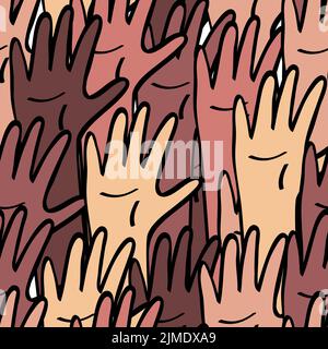 Mani rialzate pelle di colore diverso motivo senza cuciture. Uguaglianza e diversità, unità razziale, concetto di comunità internazionale. Illustrazione in catroon piatto Illustrazione Vettoriale