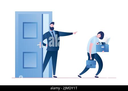 Uomo d'affari licenziato donna lavoratore. Capo fuoco femminile dipendente. Personaggi di uomini d'affari in stile alla moda. Isolato su sfondo bianco. Vettore piatto i Illustrazione Vettoriale