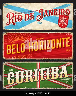 Rio de Janeiro, Belo Horizonte, Curitiba adesivi e targhe per viaggi in città brasiliani. Cartellino o cartolina shabby della città del Brasile. Targa vettore viaggio vacanza Sud America con bandiere ed emblemi Illustrazione Vettoriale
