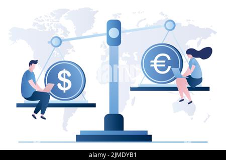 Uomini d'affari o commercianti con i laptop che si siedono sulle scale con la moneta del dollaro e la moneta dell'euro, concetto di mercato azionario della valuta globale. Carattere maschio e femmina Illustrazione Vettoriale