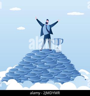 Enorme mucchio di monete e successo uomo d'affari felice con il premio del vincitore in cima. Background di concetto di successo o di profitto. Bel personaggio maschile alla moda Illustrazione Vettoriale