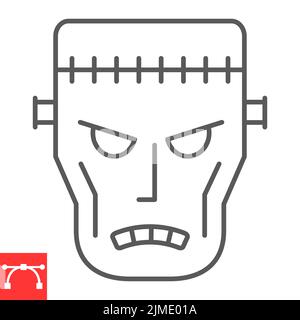 Icona linea Frankenstein, Halloween e mostro, icona vettore zombie, grafica vettoriale, segno contorno tratto modificabile, eps 10. Illustrazione Vettoriale