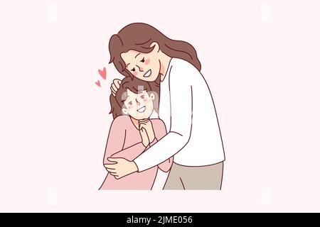 Felice madre abbracciando la piccola figlia mostrare amore e cura. Sorridendo giovane mamma coccola abbracciare bambina bambino. Maternità e paternità. Illustrazione vettoriale. Illustrazione Vettoriale