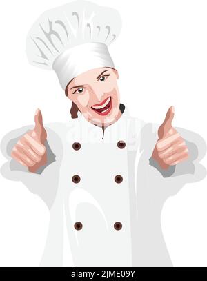 Un vettore di una donna cuoco allegra con i pollici-in su e che indossa una uniforme bianca della cucina Illustrazione Vettoriale