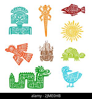 Totem maya aztec, simboli animali vettoriali con modello etnico tribale di antichi messicani nativi o inca. Lucertola, sole, serpente ed aquila, dio o idolo, tartaruga, totem indigeni di pesci e corvo Illustrazione Vettoriale