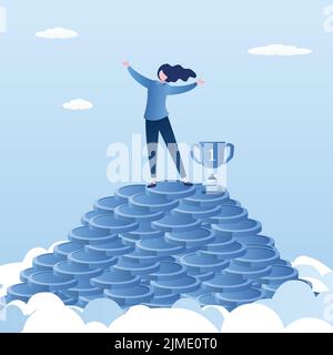 Enorme mucchio di monete e di successo donna d'affari felice con il premio del vincitore in cima. Background di concetto di successo o di profitto. Carattere femminile di bellezza in tendenza Illustrazione Vettoriale
