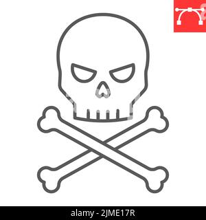Icona linea cranio e ossa incrociate, Halloween e osso, icona vettore cranio, grafica vettoriale, segno contorno tratto modificabile, eps 10. Illustrazione Vettoriale