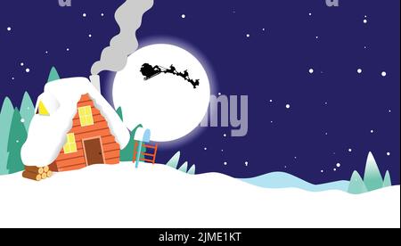 Illustrazione vettoriale di Natale, cabina di montagna sotto la neve la notte di Natale. Banner cabina innevata di Natale. Illustrazione Vettoriale