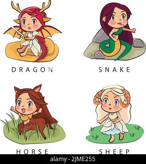 Un insieme di ragazze cartoon illustrate - zodiaco cinese Illustrazione Vettoriale