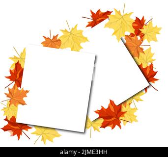 Cornice autunnale con foglio vuoto di carta e foglie di acero sopra e sotto di esso. Su sfondo bianco. Design elegante con spazio di testo e bilanciamento ideale Illustrazione Vettoriale