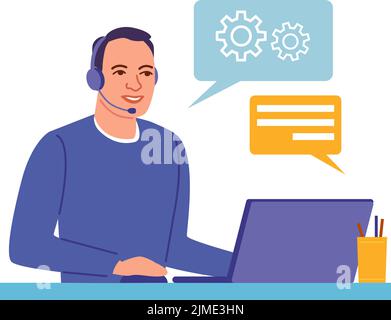 Uomo in cuffia che fornisce assistenza tecnica nella chat di supporto Illustrazione Vettoriale