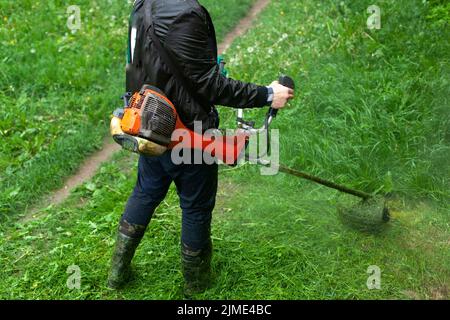 Taglia l'erba con un rasaerba portatile. Il giardiniere sta tagliando il prato. Foto Stock