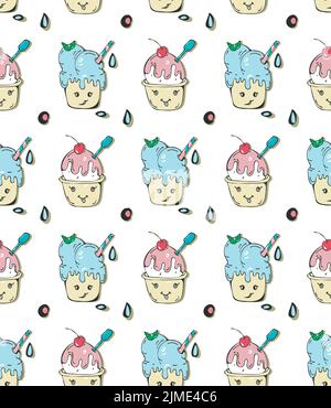 Gelato senza cuciture. Colorato disegno kawaii cartoon, tratto di pennello scarabocchio disegnato a mano. Estate divertente stile bambino. Sfondo trasparente. Vettore Illustrazione Vettoriale