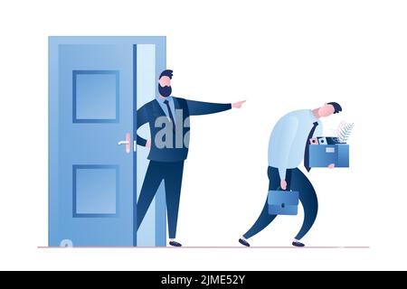 Uomo d'affari licenziato lavoratore uomo. Capo fuoco maschio dipendente. Personaggi di uomini d'affari in stile alla moda. Isolato su sfondo bianco.piano vettore illust Illustrazione Vettoriale