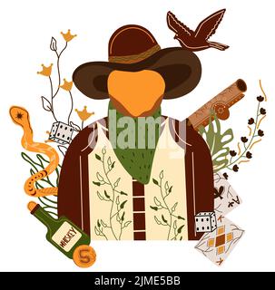 Cartellone Wild West con un personaggio sceriffo in cappello cowboy, serpente, aquila volante, pistola cowboy. Ancora più vecchio West in stile piatto. Illustrazione vettoriale Illustrazione Vettoriale