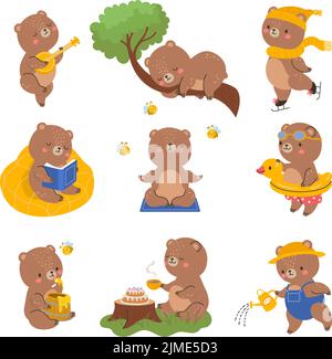 Carattere di orso divertente. Pose di orsi isolati, animali da cartoon emoticon. Kawaii selvaggia foresta animale marrone, oggi peluche con vettore miele set Illustrazione Vettoriale