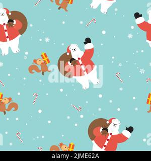 Christmas vettore senza cuciture modello con un orso Santa e uno scoiattolo che tiene una scatola regalo, inverno blu senza cuciture modello con fiocchi di neve Illustrazione Vettoriale