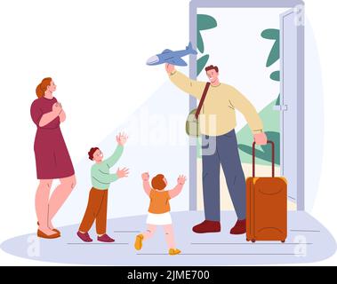 Papà torna a casa da viaggio o dal lavoro. Benvenuto padre, bambini piccoli felici che incontrano il genitore. Vita di famiglia insieme, l'uomo gioca con il vettore kicky kids Illustrazione Vettoriale