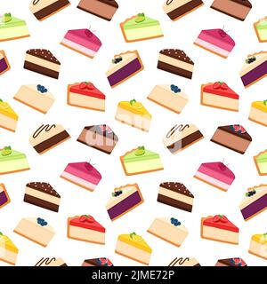 Modello senza cuciture con pezzi di cheesecake. Sfondo luminoso con strati di torte, illustrazione vettoriale Illustrazione Vettoriale