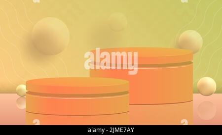 Fondo di pesca con piedistallo rotondo e sfere volanti. Supporto per presentazioni in formato HD. 3D colori vettoriali in delicate tonalità rosa Illustrazione Vettoriale