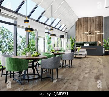 Lobby moderna e luminosa con finestre panoramiche, tavoli da pranzo, banco del ricevimento, pavimento in legno, interni dell'hotel o del centro fitness Foto Stock