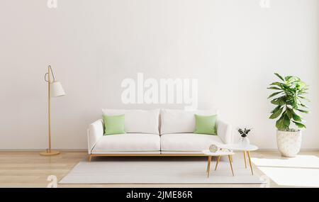 Interno soggiorno con divano bianco e cuscini verdi, moderno tavolino da caffè, lampada da terra, pianta e tappeto su pavimento in legno e bianco Foto Stock