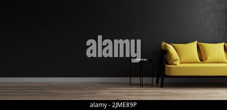 Interni moderni con parete nera e elegante divano giallo, mockup nero a parete vuota, rendering 3d Foto Stock