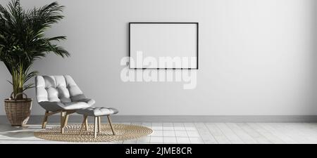 Cornice vuota orizzontale mockup in luminoso ambiente moderno interno con poltrona grigia e palma, stanza vuota interno backg Foto Stock